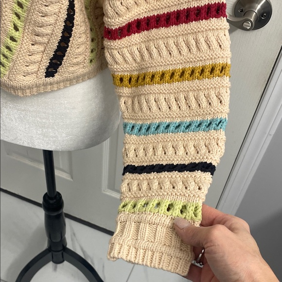 Callahan Knitwear Beige Multicolor Knit Crew Neck Sweater Cropped Long Sleeve - Picture 4 of 12
